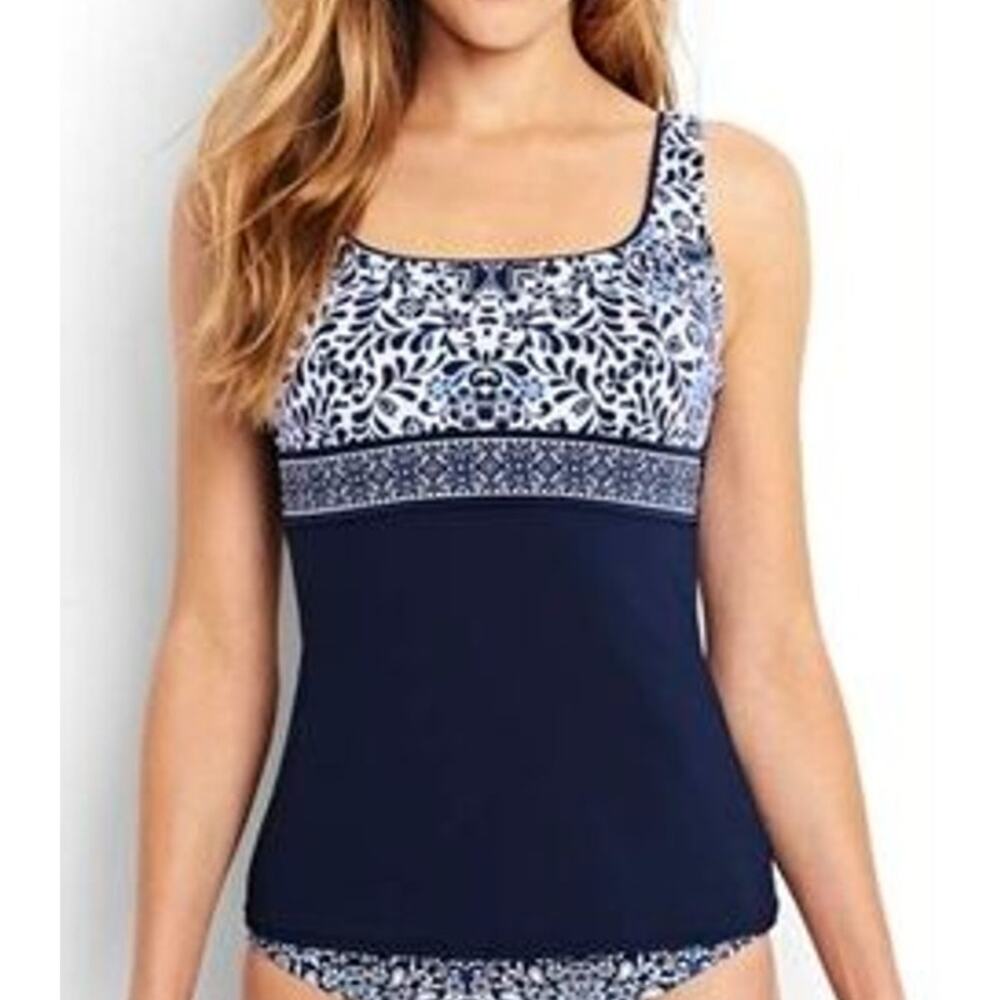 Lands End Tankini Top Swimsuit Swim Blue White Pattern Scoop Neck Underwire 4 - Picture 1 of 10